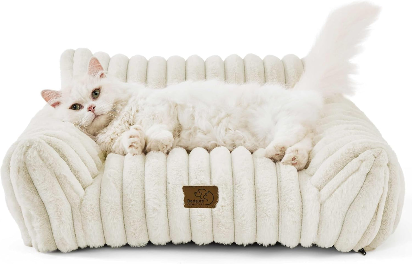 Bedsure Cute Cat Couch for Pets - Fluffy Cat beds with Premium Soft Corduroy Fleece, Fuzzy Cats beds for Indoor Cats with Removable Washable Cover, Supportive Pet Sofa, 24inch, Cream