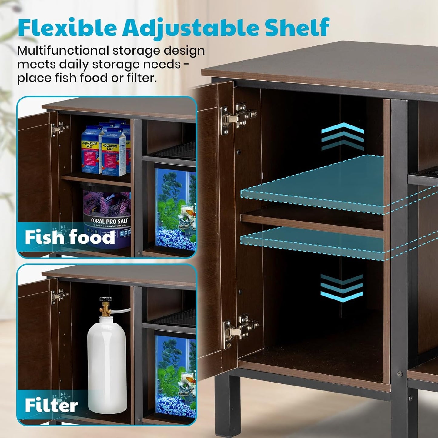 55-75 Gallon Fish Tank Stand - Heavy Duty Aquarium Stand with Power Outlets, Cabinet for Fish Tank Accessories Storage, Metal Frame, Suitable for Fish Tank, Turtle Tank, 880LBS Capacity, Brown