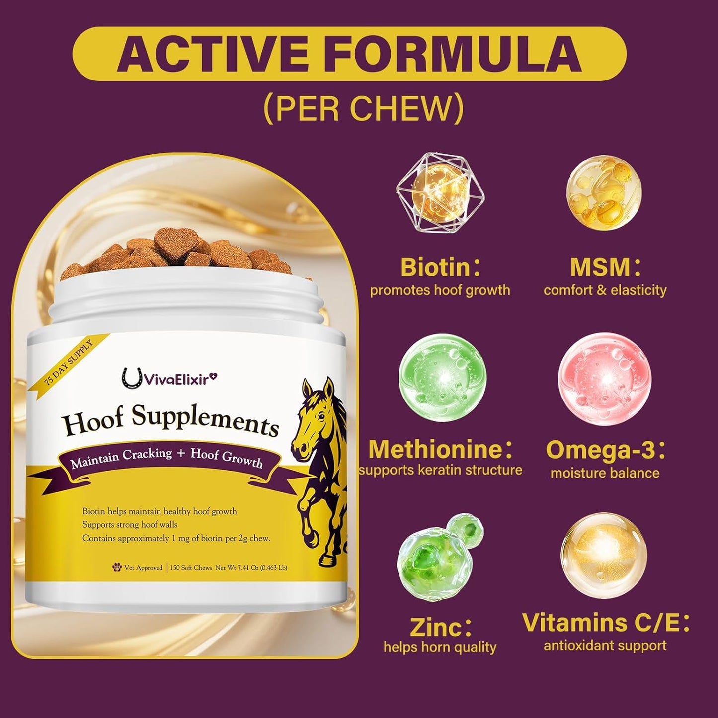 Hoof Supplements for Horses, Horse Supplies, Strengthener with MSM, Horse Health - Supports Strong Hooves and Optimal Growth，Keep Hoof Healthy-150 Chews