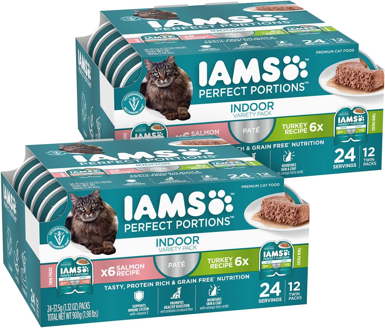 IAMS Perfect Portions Indoor Adult Grain Free Wet Cat Food Pate, Turkey and Salmon Recipe, 2.6 oz. Twin-Pack Trays (12 Count, 24 Servings) (Pack of 2)