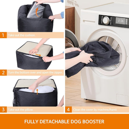 Dog Car Seat/Bed for Small & Medium Dogs up to 40 lbs – Plush Cushion, Safety Belt, Waterproof Washable Cover, Storage Pockets – Fits Front & Back Seats, Travel Booster Seat for Pets