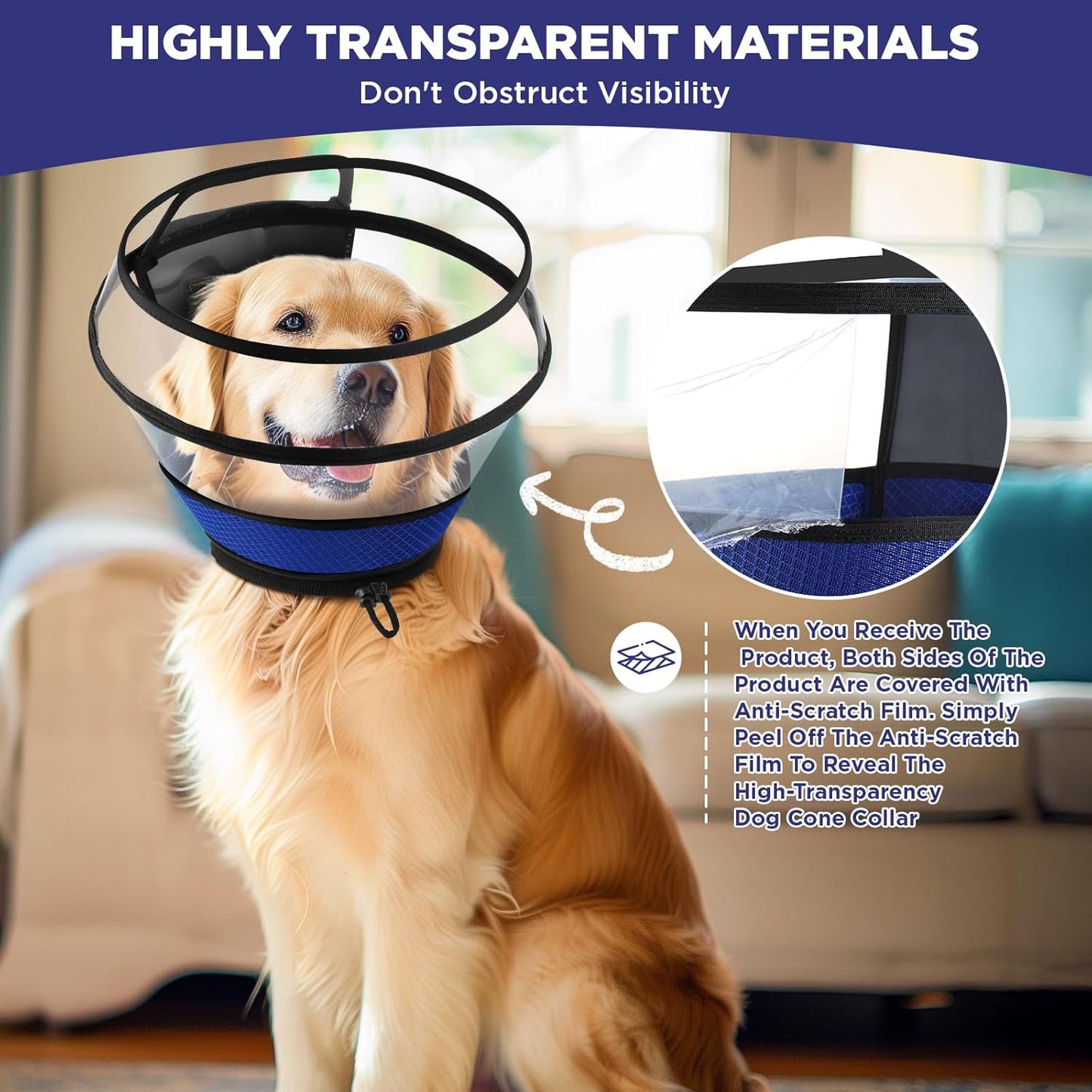 Soft Dog Cone for Dogs After Surgery,Transparent Breathable Dog Cone Collar for Small Large Medium Size Dog,Adjustable Depth Pet Recovery Collars,Elizabethan Collar for Dogs Stop Licking (Blue-M)