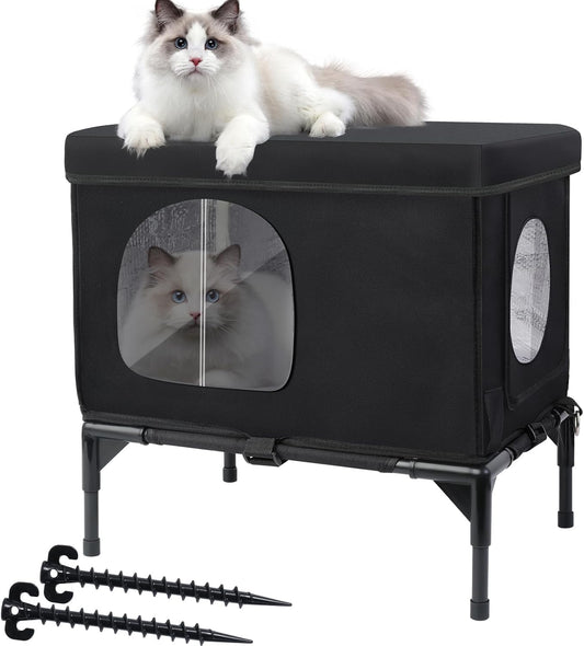 Outdoor Cat House Weatherproof, Insulated Feral Cat Houses for Cats with Cozy Cushion, Elevated Outdoor Cat Shelter, Equipped with Escape Door, Outside Cats House for Stray Cats(Small)