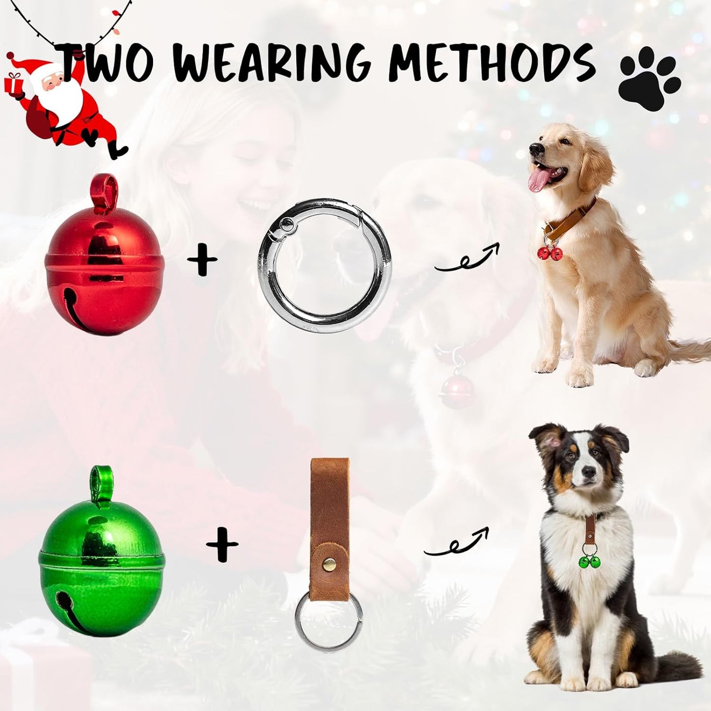 Loud Dog Collar Bells, Durable Pet Red And Green Bells Tracker for Large Dogs, 4 Christmas Copper Bells and 2 Leather Button Strap for Outdoor Safety, Pet Tracking, Hiking, Walking (Red Green)