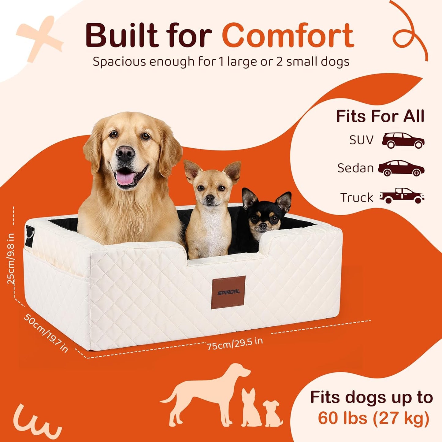 Travel Bed & Booster Seat for 1 Large or 2 Small Dogs | Dog Car Seat for Large and Medium Pets | Plush Car Bed for Vehicles | Removable 600D Oxford Cover, Dual Safety Straps & Non-Slip Base