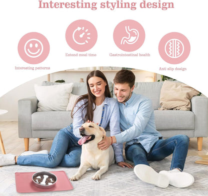 Stainless Steel Slow Feeder Dog Bowls – Non-Slip Metal Dog Bowl for Large & Medium Breeds, Puppy Puzzle Feeder – 2 Cup Capacity for Small to Big Pets – Durable Slow Feed Dog & Cat Food Dish with Mat