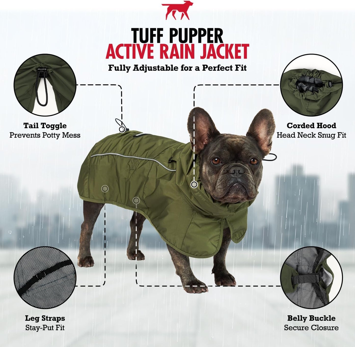 Tuff Pupper Waterproof Dog Raincoat | Full-Body Windproof Rain Jacket for Dogs | Reflective Strips | Breathable Mesh Lining | Adjustable Fit | Leash Port | Small Medium Large XL XXL Dogs (Olive, XL)