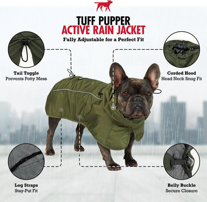Tuff Pupper Waterproof Dog Raincoat | Full-Body Windproof Rain Jacket for Dogs | Reflective Strips | Breathable Mesh Lining | Adjustable Fit | Leash Port | Small Medium Large XL XXL Dogs (Olive, XL)