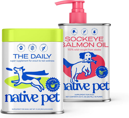 Native Pet The Daily Dog Supplement (30 Scoops) & Salmon Oil for Dogs & Cats (8 Oz) - 11 in 1 Multivitamin & Pure Omega-3 Fish Oil Supplement for Skin & Coat, Joint, Heart Health & Anti-Inflammatory