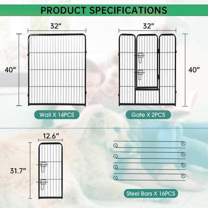 BestPet | Dog Playpen | 40 Inch, 16 Panels | Heavy Duty Metal Pet Exercise Pen | Indoor Outdoor Fence Panels | Rust-Resistant, Removable, Tool-Free Setup | Anti-Skid, Expandable Design