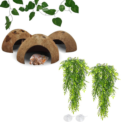Hamiledyi Reptile Hideouts Natural Coconut Shells Hut Hermit Crab Climbing Toys and Tank Habitat Decorations 2 PCS Terrarium Hanging Plants for Lizard, Snake, Bearded Dragon, Leopard Gecko, Chameleon