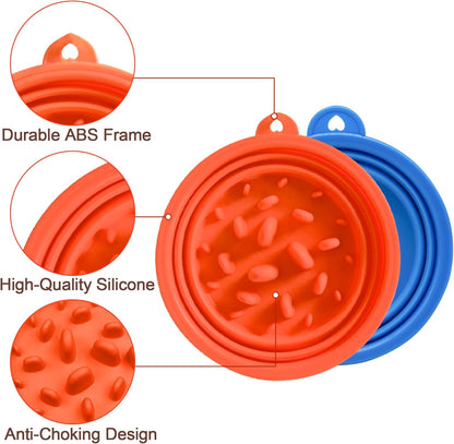 Large Collapsible Dog Bowls (34oz), 1 Pack Pet Travel Foldable Bowl and Slow Feeding Frisbee with Carabiners, Healthy, Soft Silicone, Portable Essential Set for Walking, Travel, and Hiking (Orange)