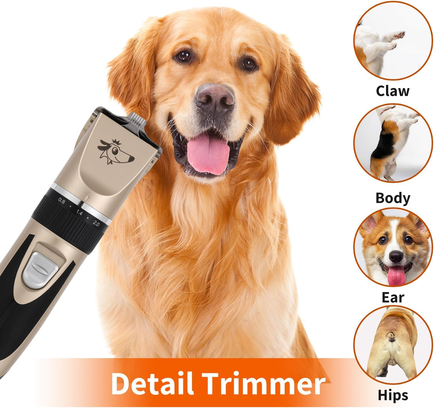 Aovdy Dog Clippers Grooming Kit Dog Shaver Clippers Hair and Paw Electric Cleaning Hair Clippers Set for Dogs Cats Rabbit (Gold, Limit Combs Set+Foot Shaving Blade)