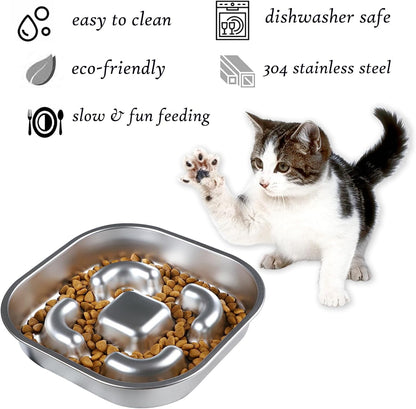 Slow Feeder Dog Bowl, 2 Cups Stainless Steel Metal Pet Food Bowls, Dog Cat Food Bowls Can Slows Down Pets Eating Suitable for Small & Medium Sized Dog