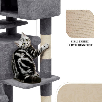 Athena Collection Modern Cat Tree Tower, 54 Inch Tall Cat Tree Climbing Tower with Scratching Post 2 Condo Multi-Level Activity Center and Playing Ball for Indoor Large Adult, Grey