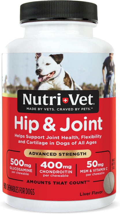 Nutri-Vet Hip & Joint Advanced Strength Dog Joint Supplement, Dog Glucosamine, Pet Supplements, Formulated with Glucosamine Chondroitin and MSM, Pet Supplies, Puppy Essentials, 90 Count