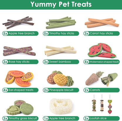 KATUMO 38 PCS Rabbit Chew Toys with 3 Types of Strung Hanging Toys, Natural Bunny Teeth Care Chew Kit Apple Wood Sweet Bamboo Grass Timothy Sticks for Guinea Pig, Hamster, Chinchilla, Small Animals