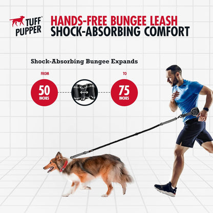 Tuff Pupper Heavy Duty Hands Free Dog Leash | One Large Dog Up to 125 lbs | Comfortable Shock Absorbing Bungee | Reflective Padded Handles | Lumbar Waist Belt 26-38" | Walking Jogging Running Leash