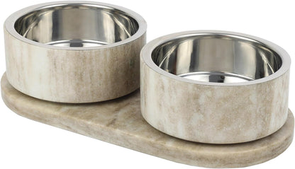 DBL1000E Marbre Small/Medium Modern Weighted Double Marble and Stainless Steel Bowl 12oz (1.5 Cups) Feeder with Non-Slip Marble Tray Set, Gray/Brown