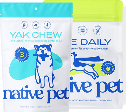 Native Pet The Daily Dog Vitamins & Supplements (120 Scoops) & Yak Chews (3 XL Chews) - All Natural Dental Stick Made with Yak Cheese for Aggressive Chewers & 11-in-1 Multivitamin for Dogs