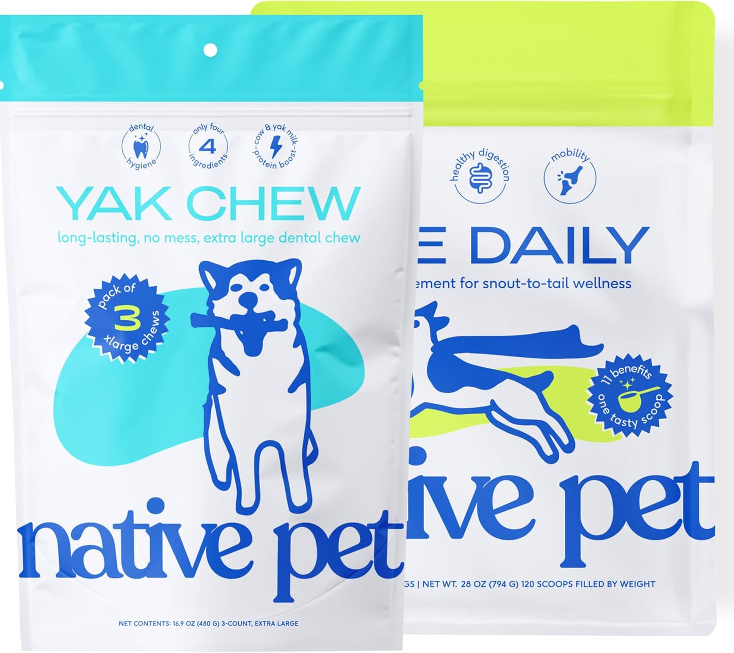 Native Pet The Daily Dog Vitamins & Supplements (120 Scoops) & Yak Chews (3 XL Chews) - All Natural Dental Stick Made with Yak Cheese for Aggressive Chewers & 11-in-1 Multivitamin for Dogs