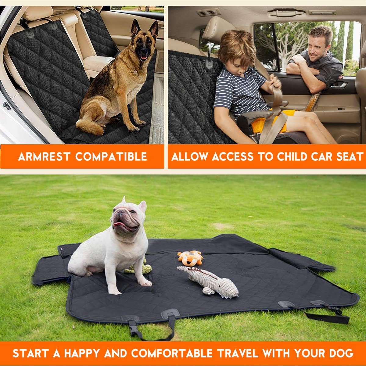 Dog Car Seat Cover, Back Seat Cover for Dogs Pet Car Seat Protector Waterproof Bench Car Seat Cover, Non-Slip Reat Seat Cover fits Middle Armrest for Most Cars Trucks SUVs - Black