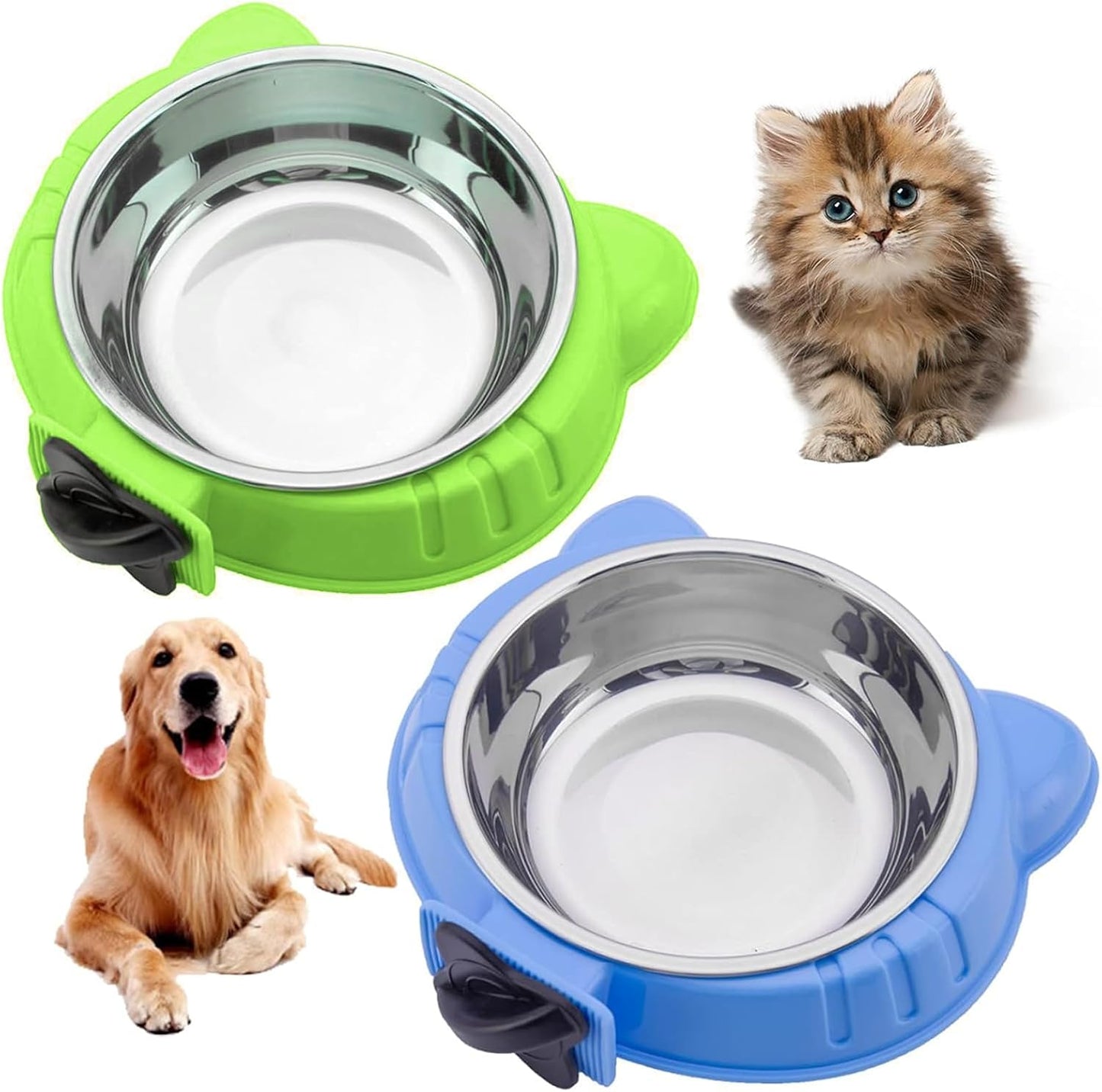 Hamiledyi Crate Dog Bowl 2 PCS Cat Removable Water Food Feeder Bowls with Bolt Holder Stainless Steel Hanging Suitable for Small Pet Dog Cat Bird (Blue+Green)