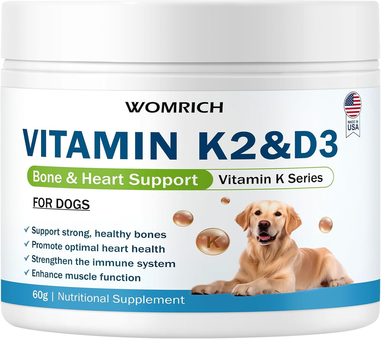 Vitamin K2 & D3 Supplement for Dogs – 60g | Vitamin Complex Supports Strong Bones, Cardiovascular Health, & Immune Function | Vitamins K for Dogs, Vitamins K1 & K2 (MK4 & MK7) + Vitamins D3