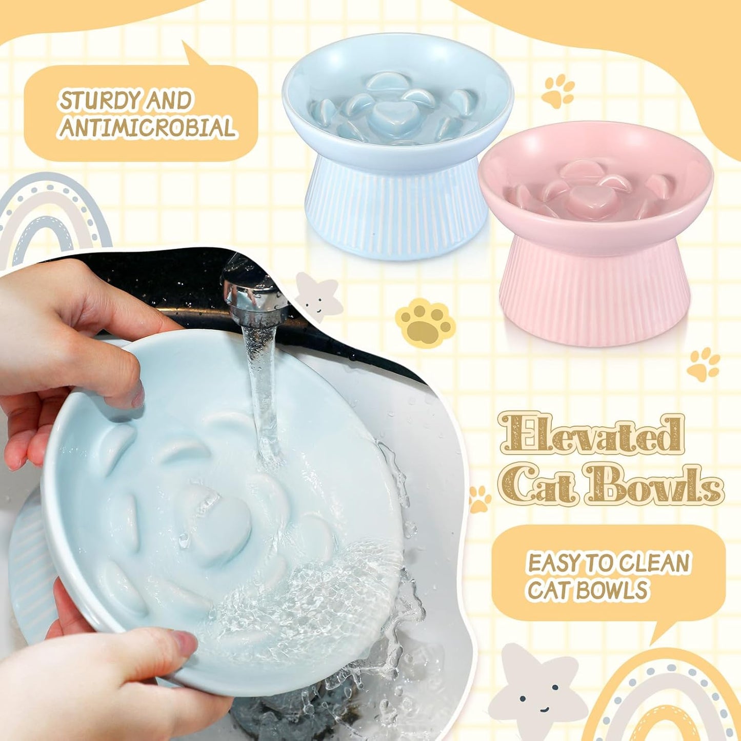 Layhit 2 Pack Raised Slow Feeder Cat Bowls Ceramic Elevated Cat Food Bowls Anti Vomiting Slow Feeder for Dog and Kitten for Dry and Wet Food(Blue, Pink)