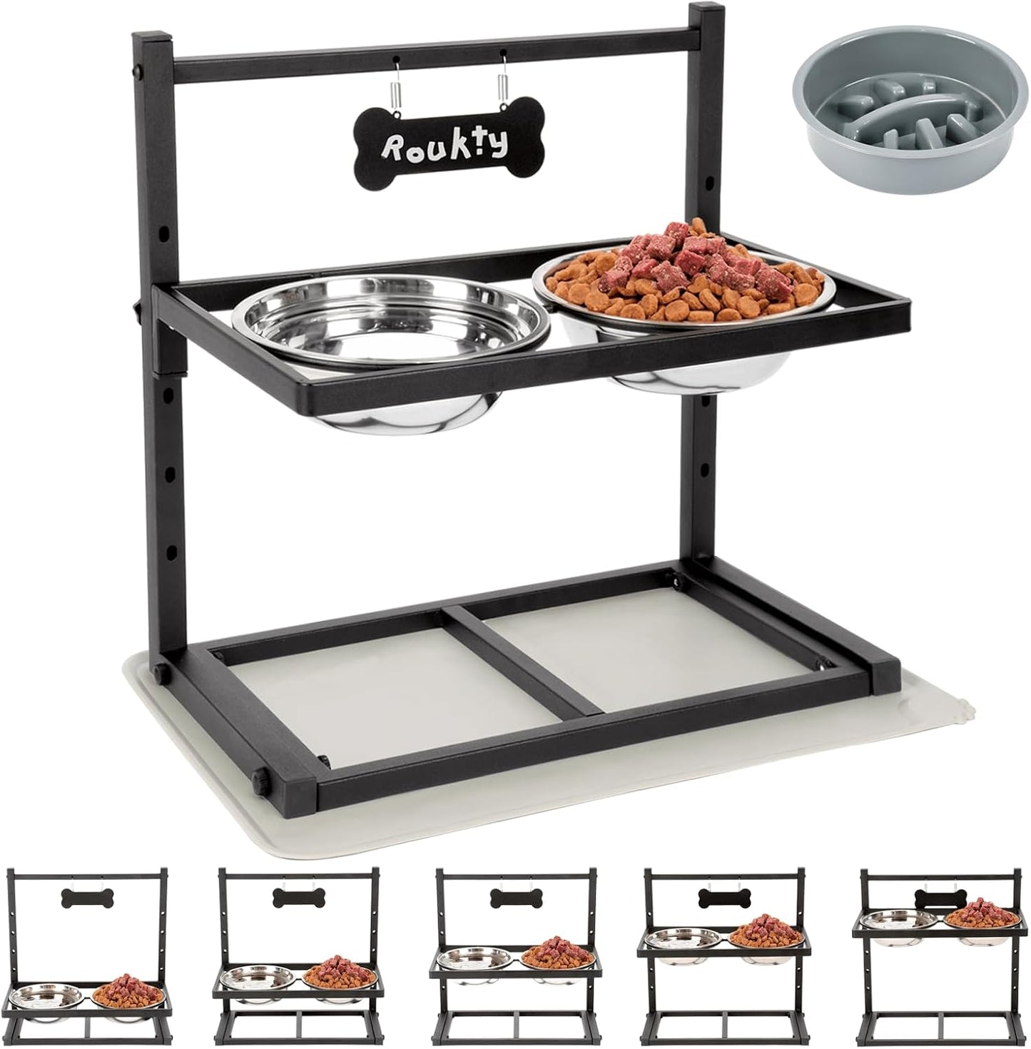 Elevated Dog Bowls with Slow Feeder, 5 Adjustable Heights, Anti-Slip, Durable Metal Frame, Spill Proof Mat, Rust-Resistant Bowls, Easy to Clean