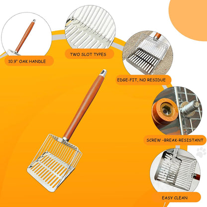 Metal Cat Litter Scoop with Holder, 10.9" Long Oak Handle Stainless Steel Litter Scooper for Deep Litter Boxes (2-in-1 Gap Design)