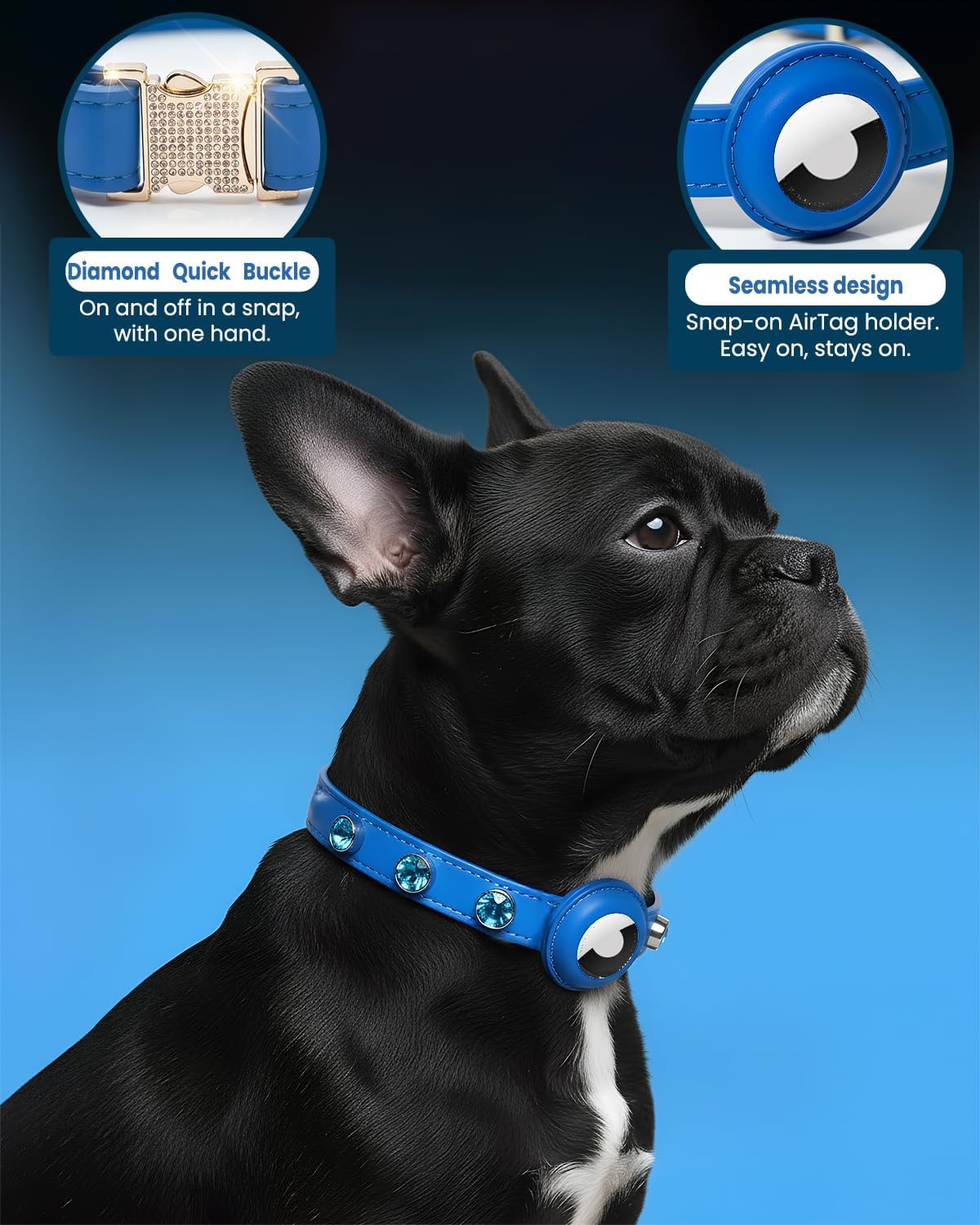 Upgraded AirTag Dog Collar - Adjustable Diamond-Studded Leather Dog Collar with Quick-Release Buckle | Luxurious Jewelry Accessory for Small, Medium, and Large Dogs (L (14"-18"))