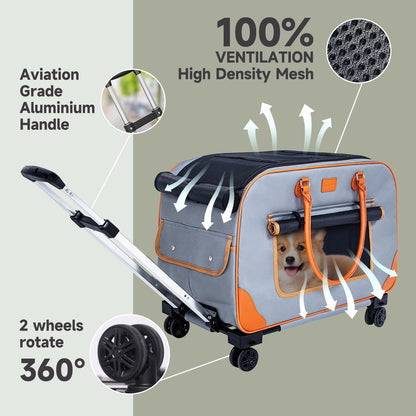 Large Cat Carrier with Wheels Pet Dog Rolling Carriers for Extra Large Cat Carrier Small Bag Small Dogs Up to 38 Lbs 24"X 13.8"X 15.4" Double Trolley Case Travel Walking and Camping(NOT for TSA)