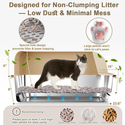 23.6"x16"x12" Stainless Steel Sifting Litter Box with Lid, XL Sifting Litter Box for Pine Pellets Less Tracking, High Sides Metal Litter Tray with Removable Drawer Pan, Anti-Leakage, Easy Cleaning