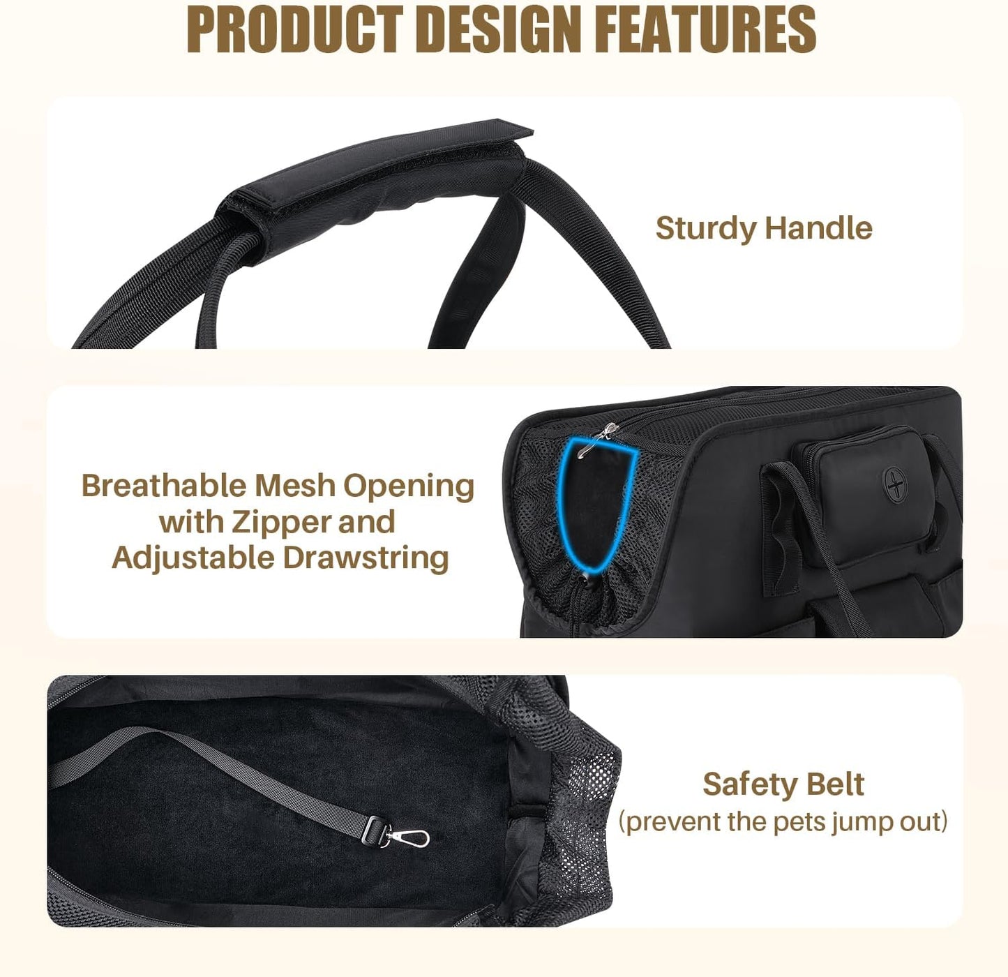 SlowTon Dog Purse Carrier - Portable Dog Carrier with Pockets & Safety Leash for Small Dogs Under 12 lbs, Breathable Pet Tote Bag for Cat Rabbit Outing, Travel, Vet (Black)