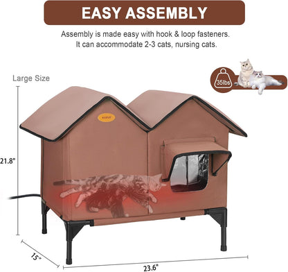 Heated Cat House for Outside in Winter Insulated Elevated Outdoor Cat House Weatherproof, Escape Door, Large Feral Cat Shelter Heated Bed for 2~3 Cats Stray Barn Kitty, Easy Assembly