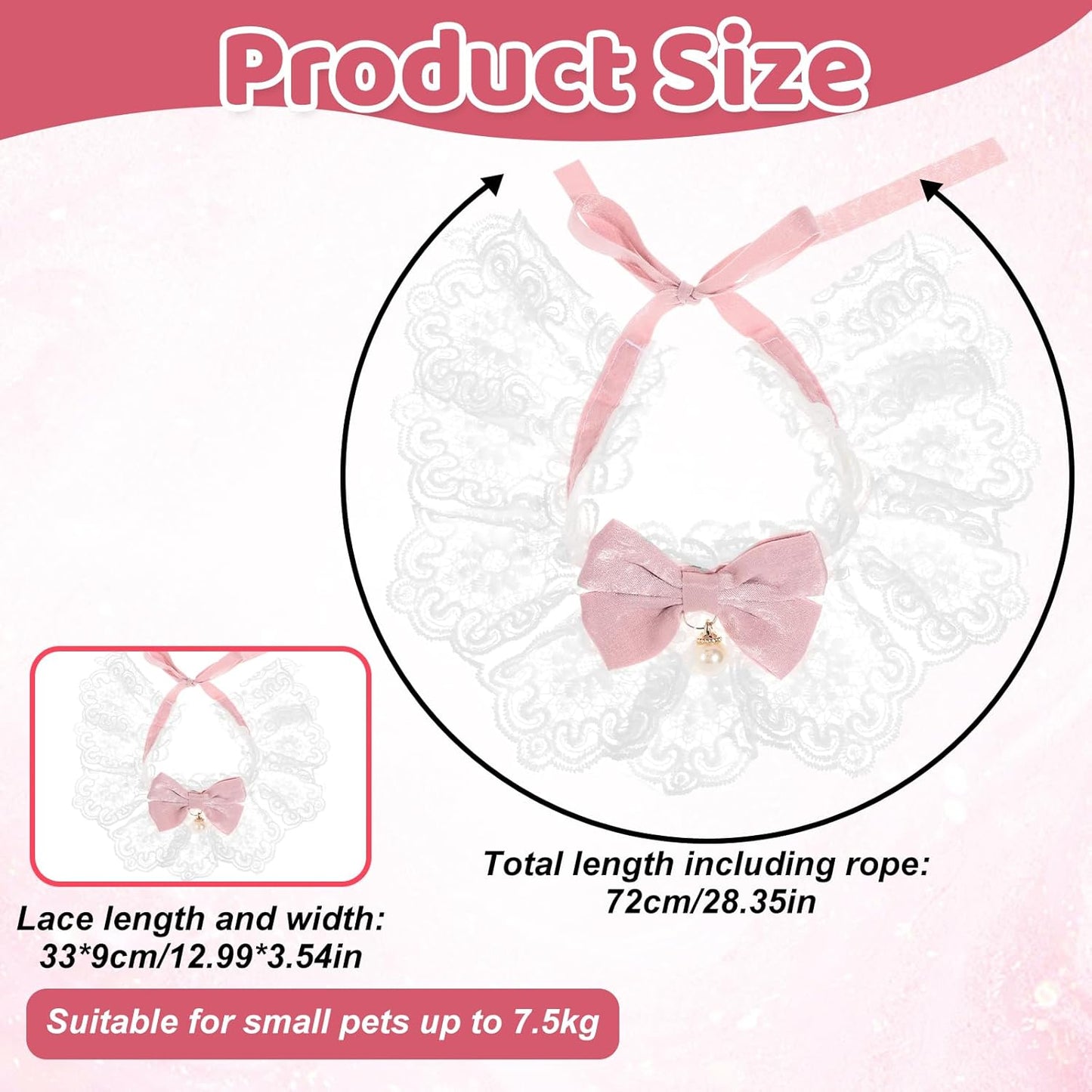 Breakaway Cat Bow Collar, Floral Cute Kitten Collar, Adjustable Safety Ties with Pearl Bell, Elegant Lace Necklace for Indoor Girl Cats, Dogs, Pets (Pink)