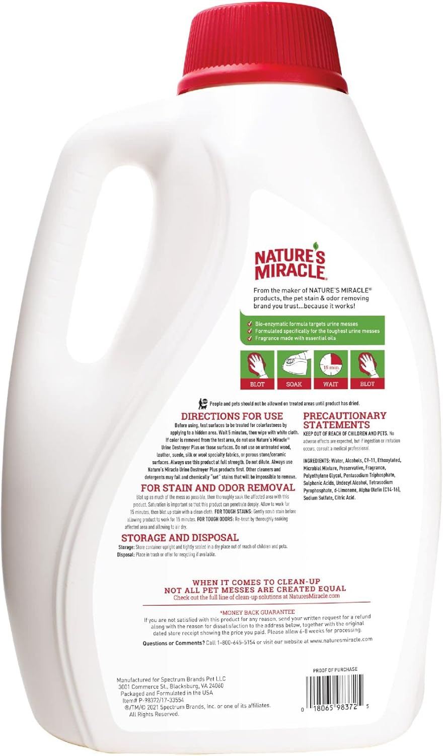 Nature's Miracle Urine Destroyer Plus for Cats, Enzymatic Formula for Severe Cat Urine Stains, 1 Gal