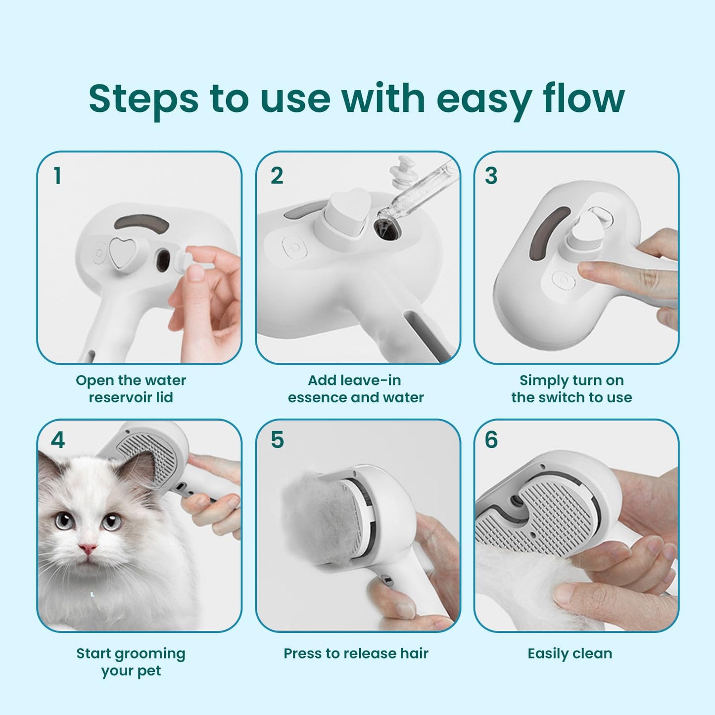 Pet Steam Brush for Dog & Cat, 3 in 1 Spray Hair Removal Comb for Shedding & Grooming, Water Brush for Long & Short Haired Pets, Includes 200ml Shampoo & USB Rechargeable Design, Green