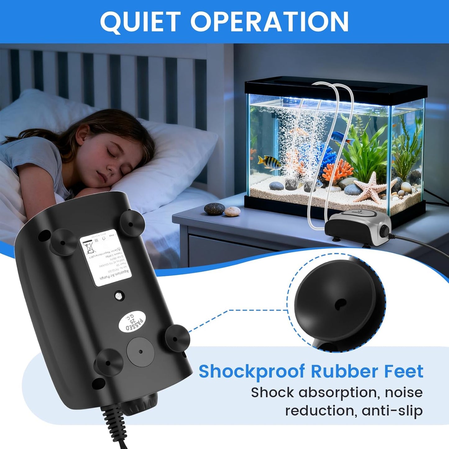 fishkeeper Quiet 3W/5W Aquarium Air Pump - Small & Powerful Dual Outlet Fish Tank Air Pump, Adjustable Oxygen Aerator Pump with Air Stone Bubbler Kits for 1-160Gal Fish Tanks (Silver-Gray, 2025 New)