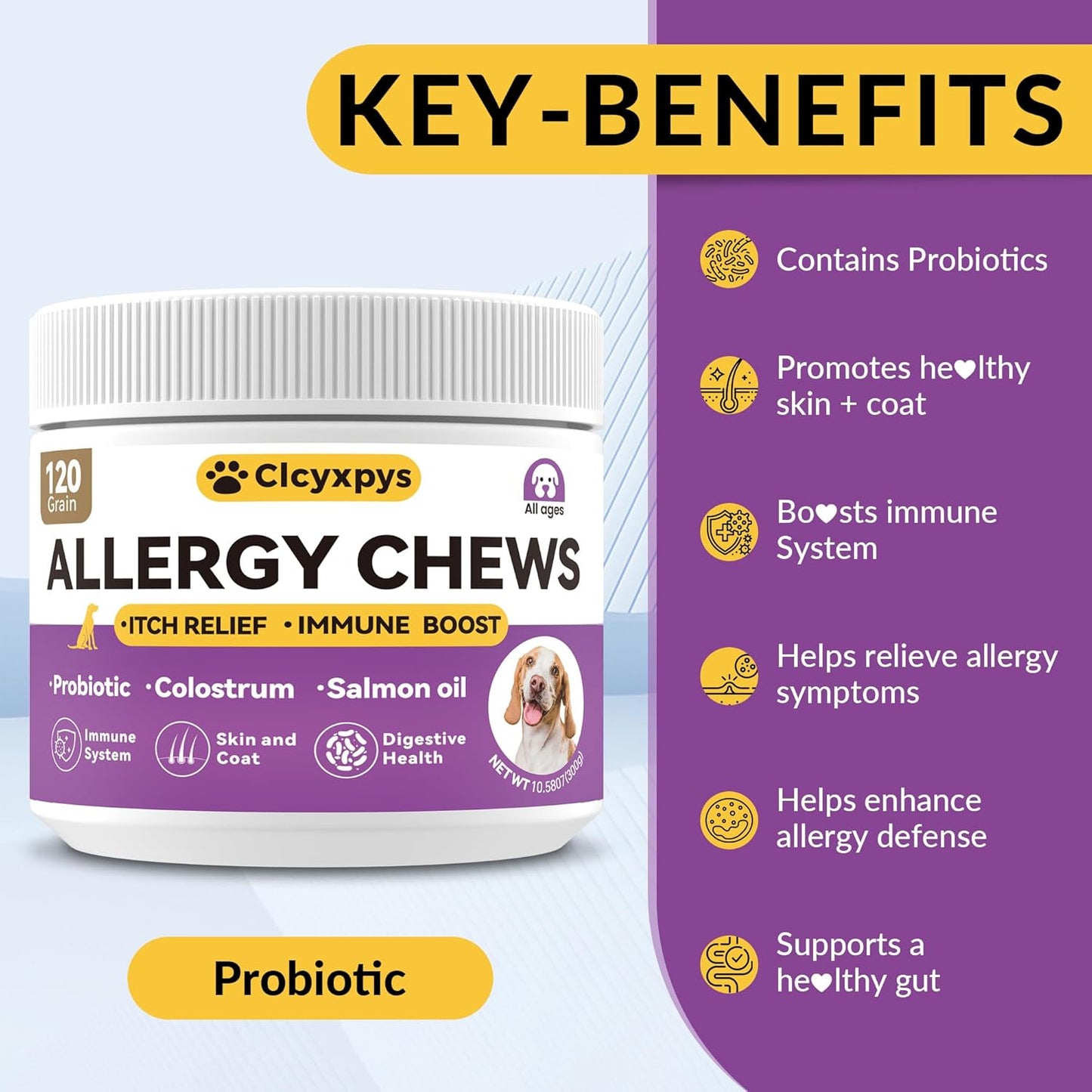Probiotics for Dogs - Allergy Relief Chews Tablets for Dogs, Supporting Intestinal Health, Immunity - Relieving Itchy, Allergies, Licking Paws, Salmon Oil, Dry Skin and Hair Supplements-120ct