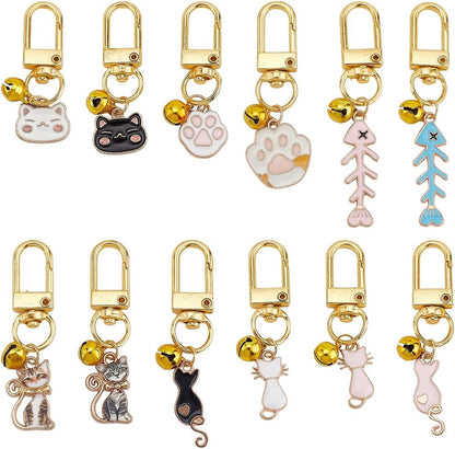 12pcs Cat Dog Collar Bells Charms, Pet Enamel Collar Bells Fishbone Jewelry Charms Cat Paw Alloy Collars Charm Bells for Cats Dogs Rabbit Necklace DIY Keyring Pendants Bag Decor