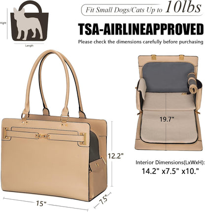 2-in-1 Stylish Dog Purse Carrier Soft-Sided Carriers Travel Tote Bag for Small Dogs Cats, Fashion Foldable Pet Bag for Puppies Small Animals with Pockets (Khaki, 15" L x 7.5" W x 12.2" H)
