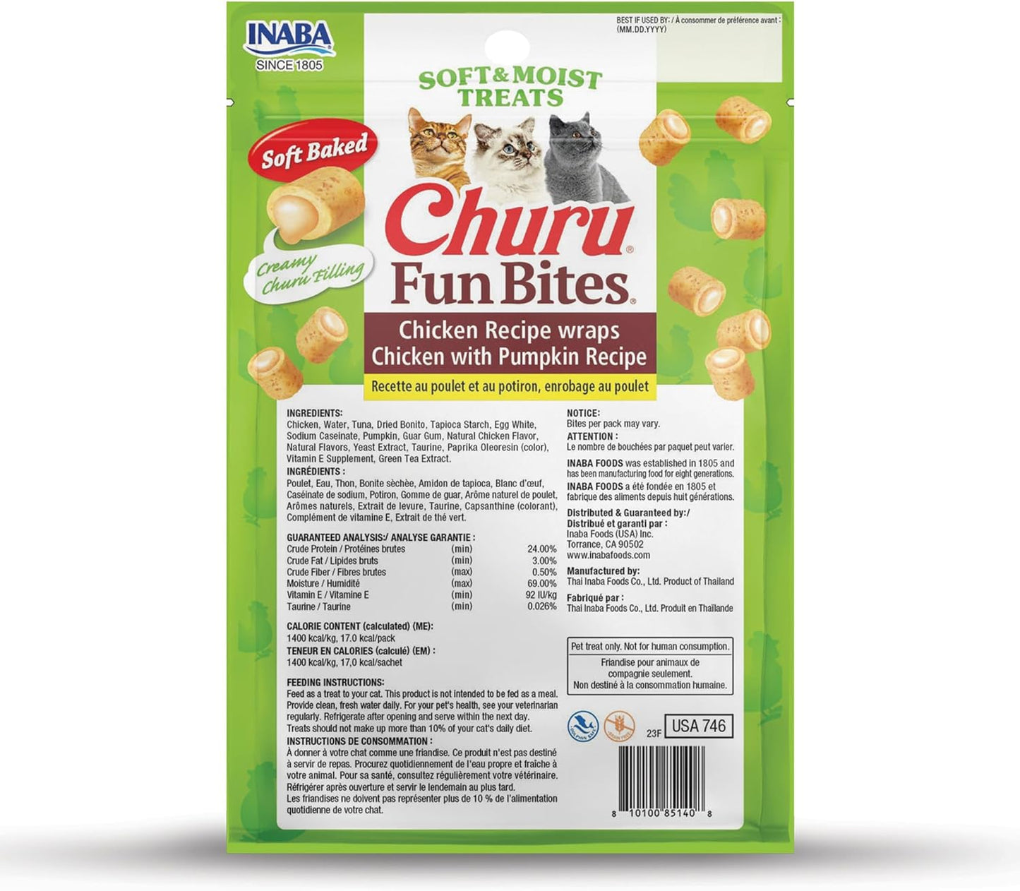 INABA Churu Fun Bites for Cats, Soft & Chewy Cat Treats with Taurine, 0.42 Ounces Each Tetra, 18 Tetras (3 per Bag), Chicken with Pumpkin Recipe