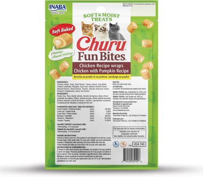 INABA Churu Fun Bites for Cats, Soft & Chewy Cat Treats with Taurine, 0.42 Ounces Each Tetra, 18 Tetras (3 per Bag), Chicken with Pumpkin Recipe