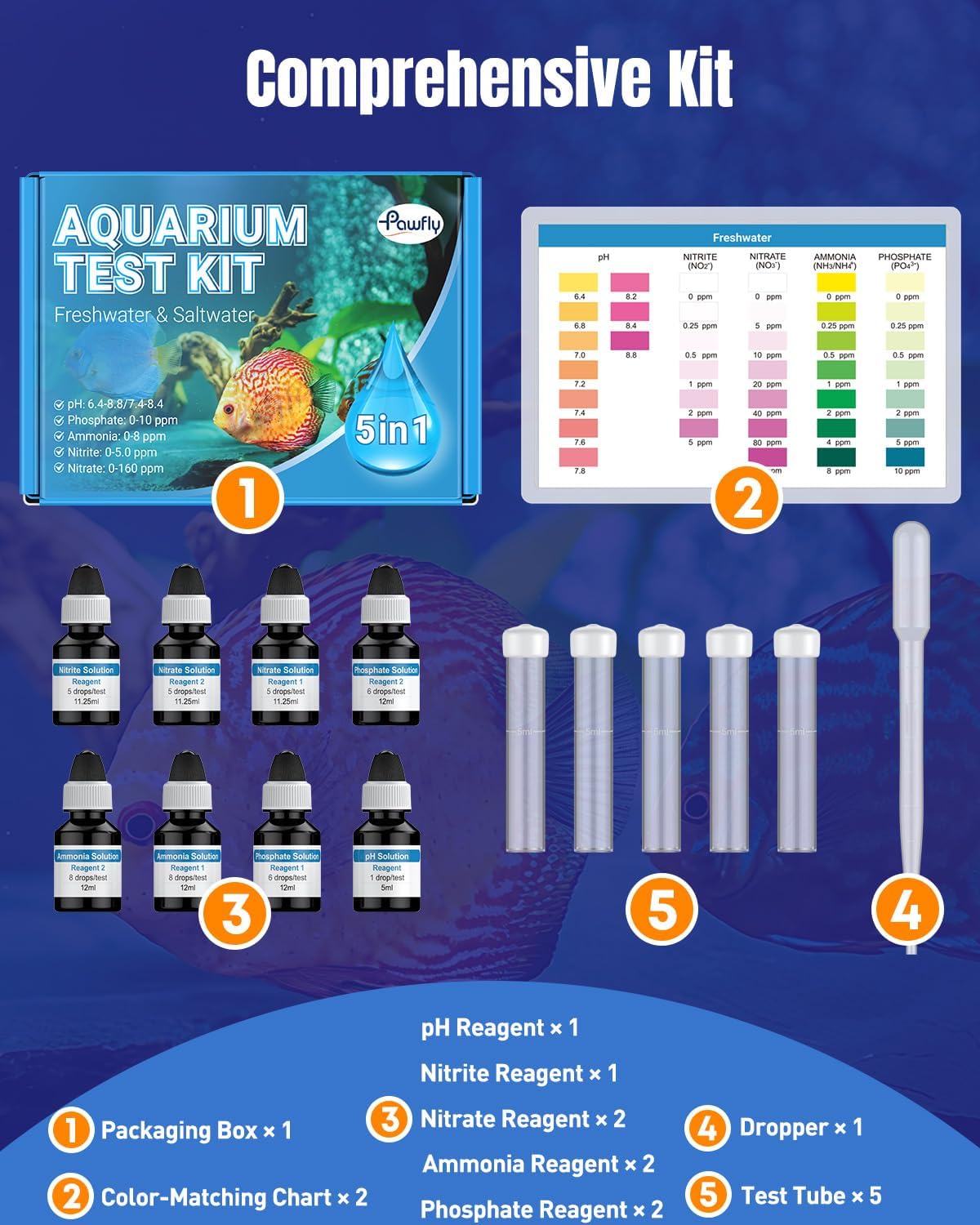 Pawfly 5 in 1 Aquarium Water Master Test Kit, Aquarium Water Test Kit Fish Tank Water Testing Kit for pH Nitrite Nitrate Ammonia & Phosphate, Aquarium Test Kit for Freshwater & Saltwater Fish Tanks