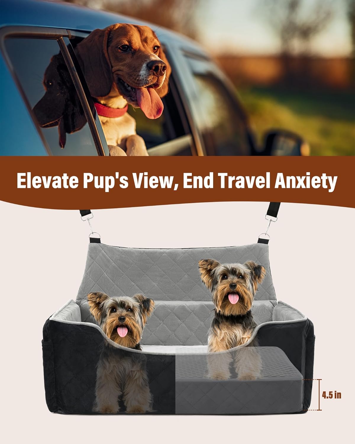 Dog Car Seat for Large Medium Dogs Under 55 lbs, Dog Booster Seat for 2 Small Dogs, Detachable Washable Pet Travel Bed with Thick Memory Foam Cushion, Safety Belt and Storage Pockets | Black