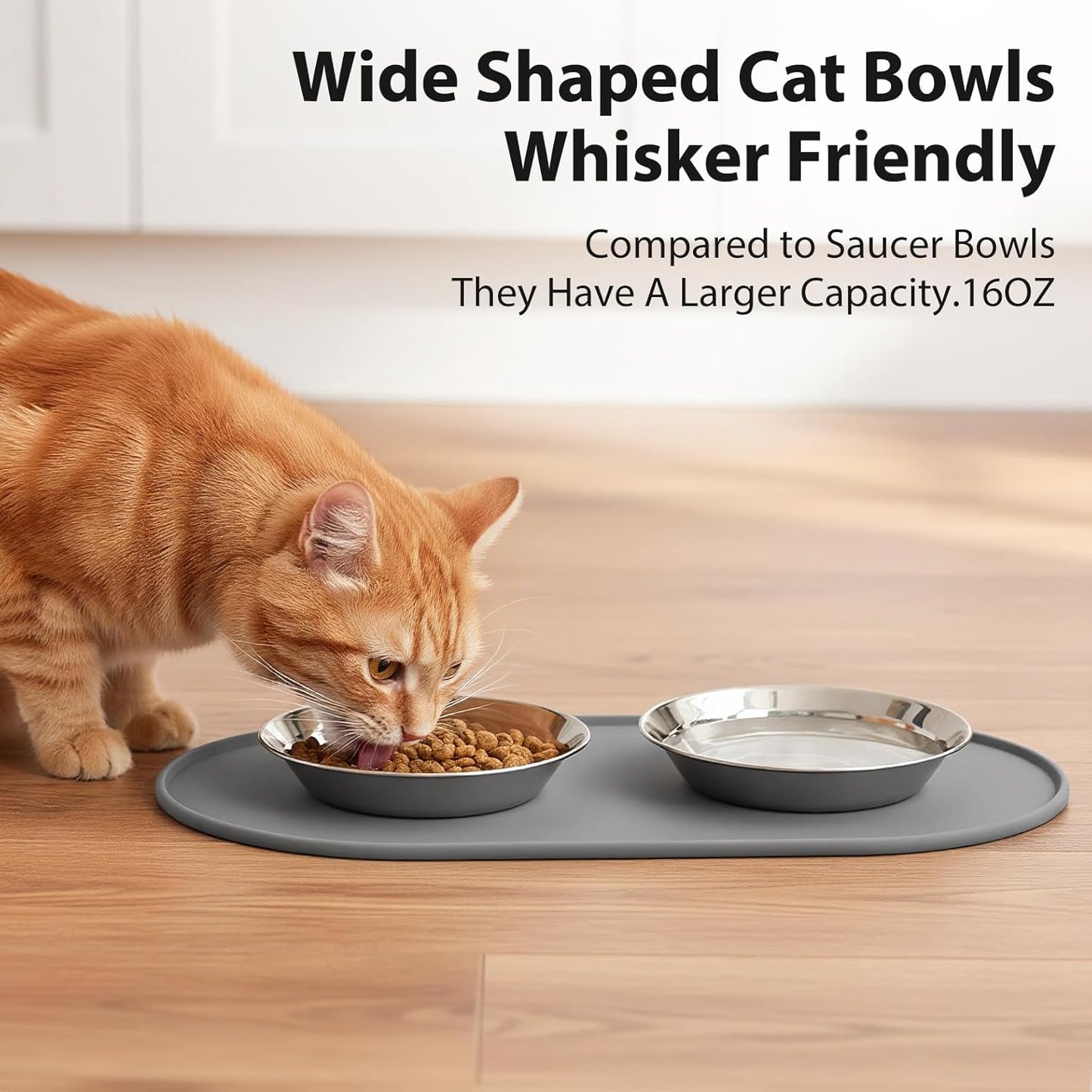 3-Pack Cat Bowls with Food Mat,6.3 Inches Stainless Steel Cat Food Bowl,Wide Tapered Design Whisker-Friendly Food and Water Bowl for Feeding Dogs and Cats,Dishwasher Safe,SUS 316