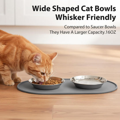 3-Pack Cat Bowls with Food Mat,6.3 Inches Stainless Steel Cat Food Bowl,Wide Tapered Design Whisker-Friendly Food and Water Bowl for Feeding Dogs and Cats,Dishwasher Safe,SUS 316