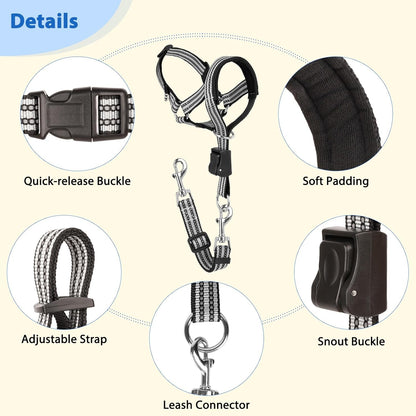 BARKLESS No Pull Dog Head Collar for Gentle Training Walking, Soft Padded Head Halter with Collar Safety Clip, Comfortable Fit Muzzle Leash with Reflective Strap for Medium Large Dog (Grey, XL)